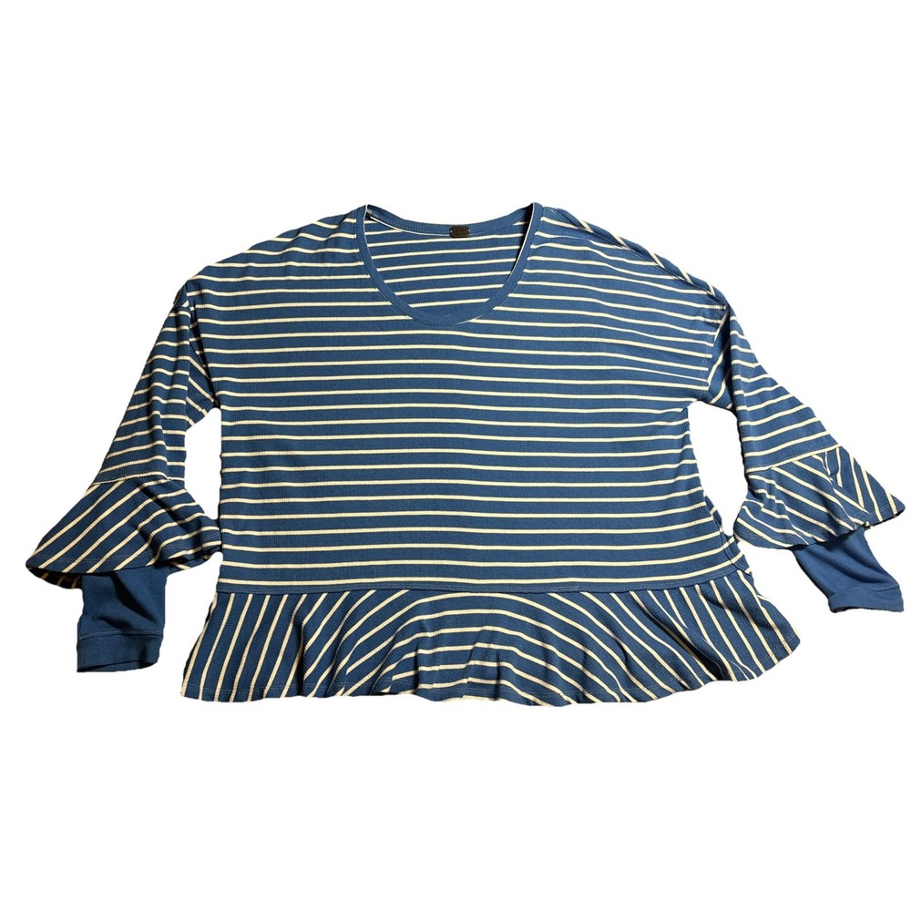 We The Free Women's Long Sleeve Striped Ruffle Blue White Size Large